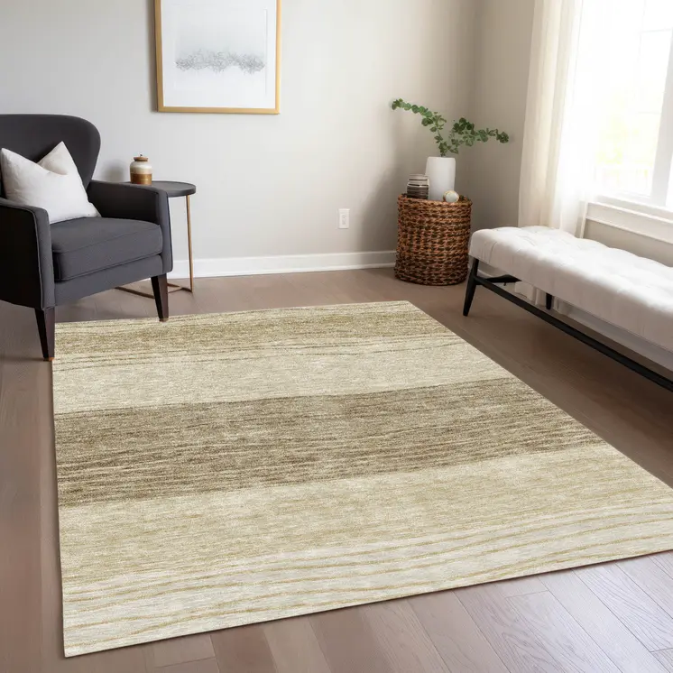 5' X 8' Beige Brown And Taupe Striped Washable Indoor Outdoor Area Rug