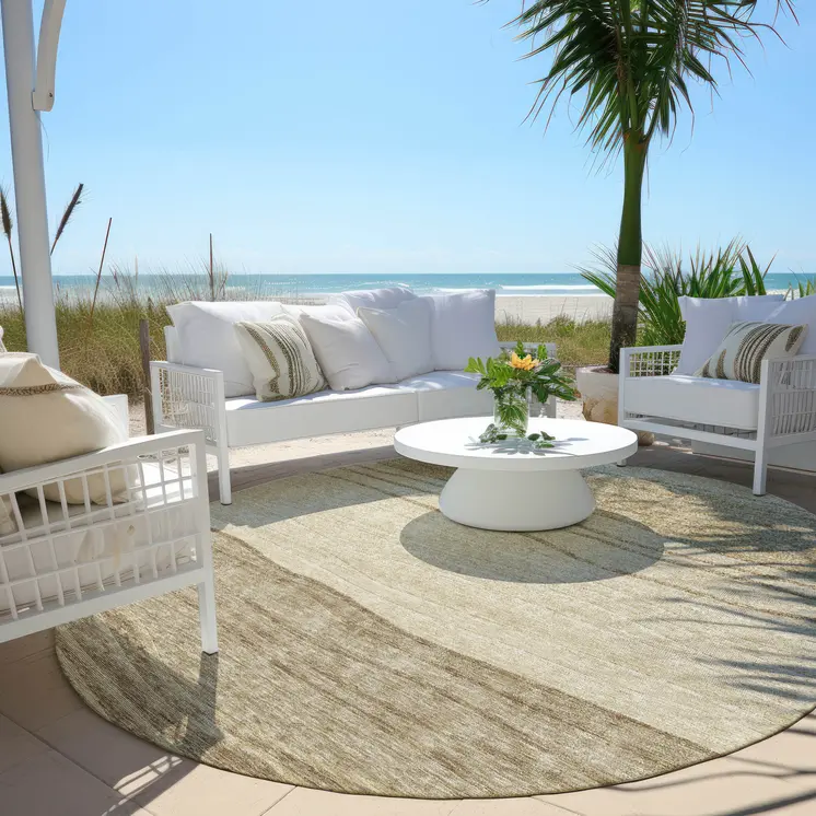 8' Beige Brown And Taupe Round Striped Washable Indoor Outdoor Area Rug