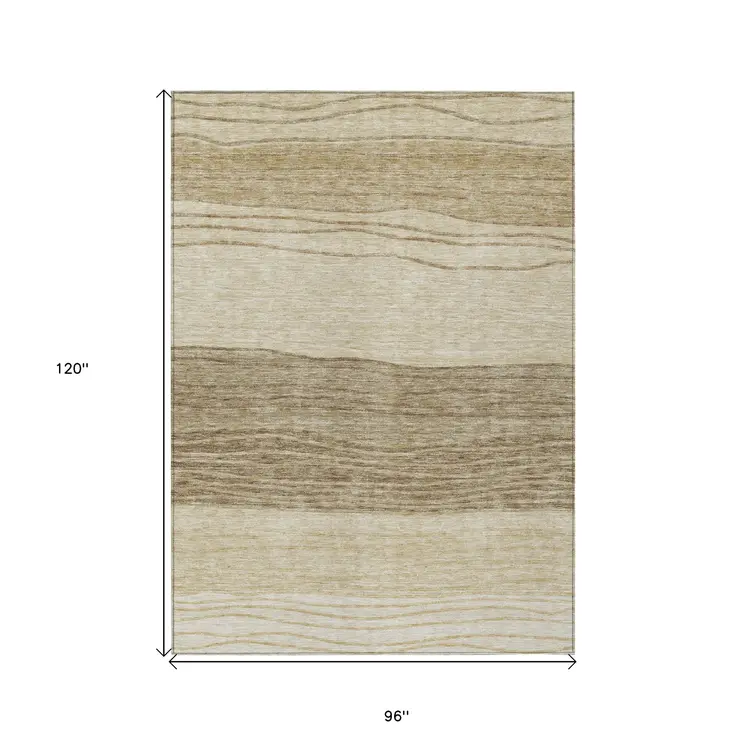 8' X 10' Beige Brown And Taupe Striped Washable Indoor Outdoor Area Rug
