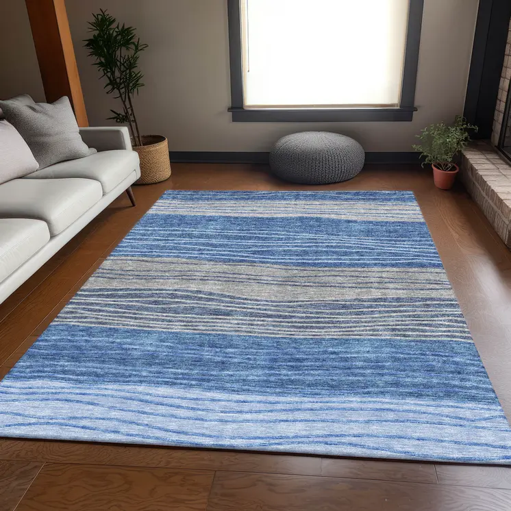 3' X 5' Navy Blue And Gray Striped Washable Indoor Outdoor Area Rug