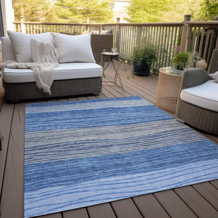 3' X 5' Navy Blue And Gray Striped Washable Indoor Outdoor Area Rug
