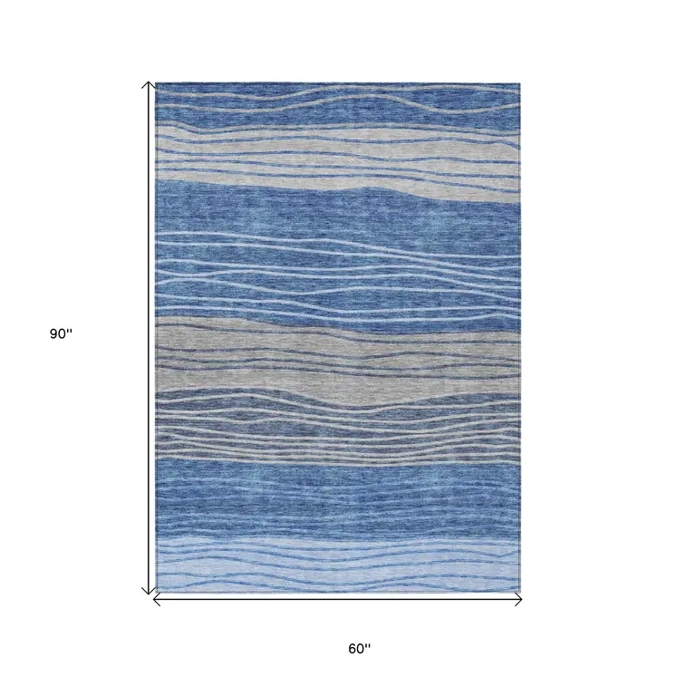 5' X 8' Navy Blue And Gray Striped Washable Indoor Outdoor Area Rug