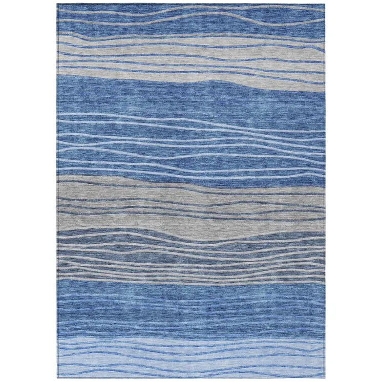 5' X 8' Navy Blue And Gray Striped Washable Indoor Outdoor Area Rug