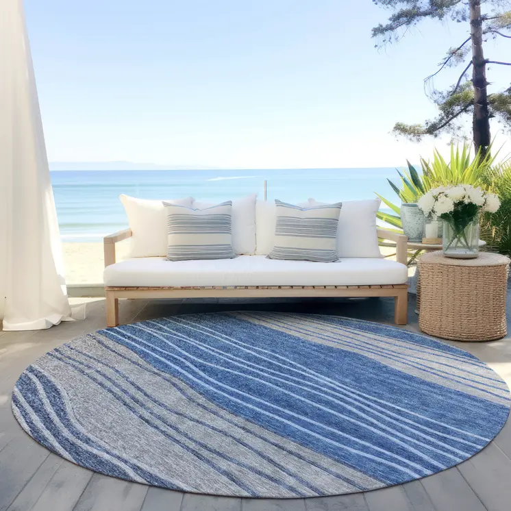 8' Navy Blue And Gray Round Striped Washable Indoor Outdoor Area Rug
