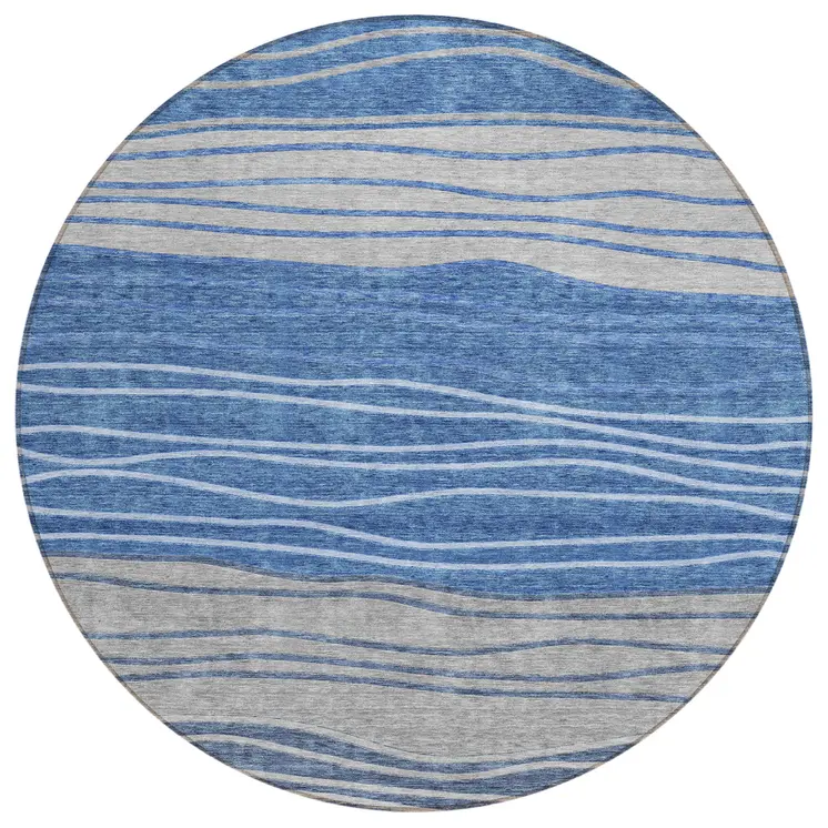 8' Navy Blue And Gray Round Striped Washable Indoor Outdoor Area Rug