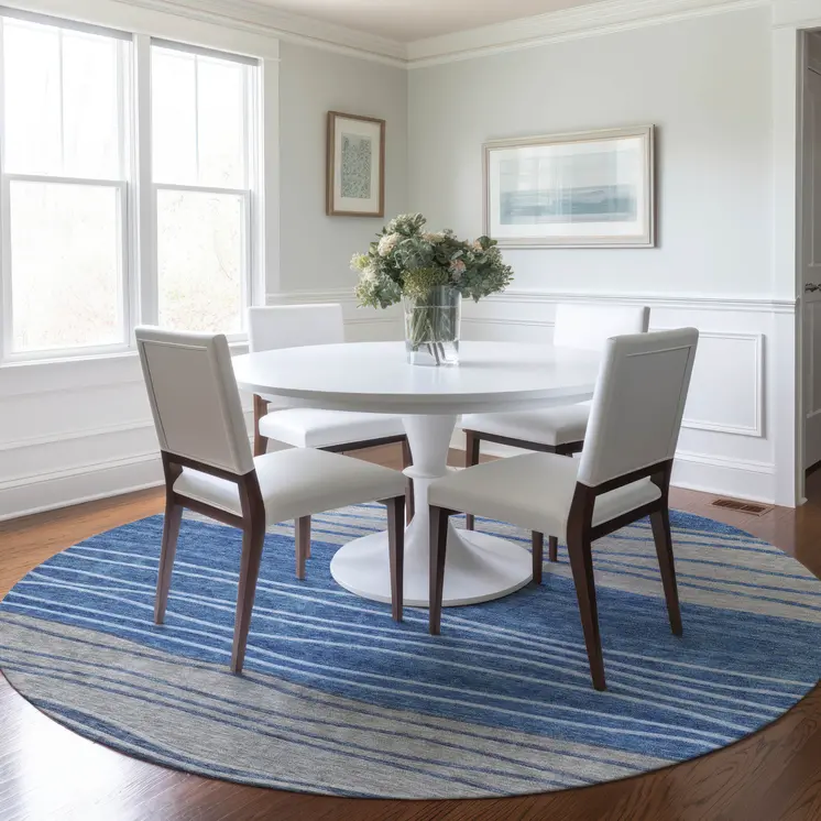 8' Navy Blue And Gray Round Striped Washable Indoor Outdoor Area Rug