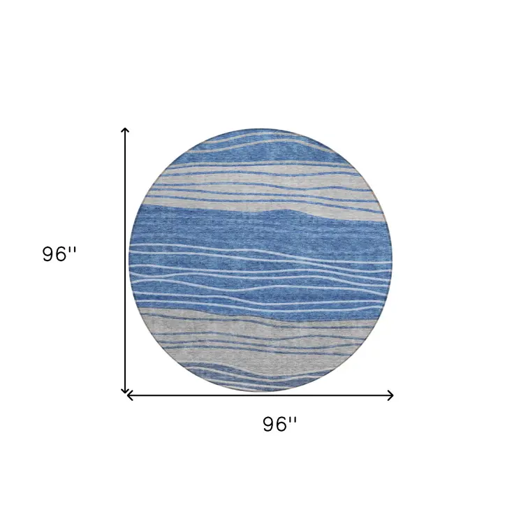 8' Navy Blue And Gray Round Striped Washable Indoor Outdoor Area Rug
