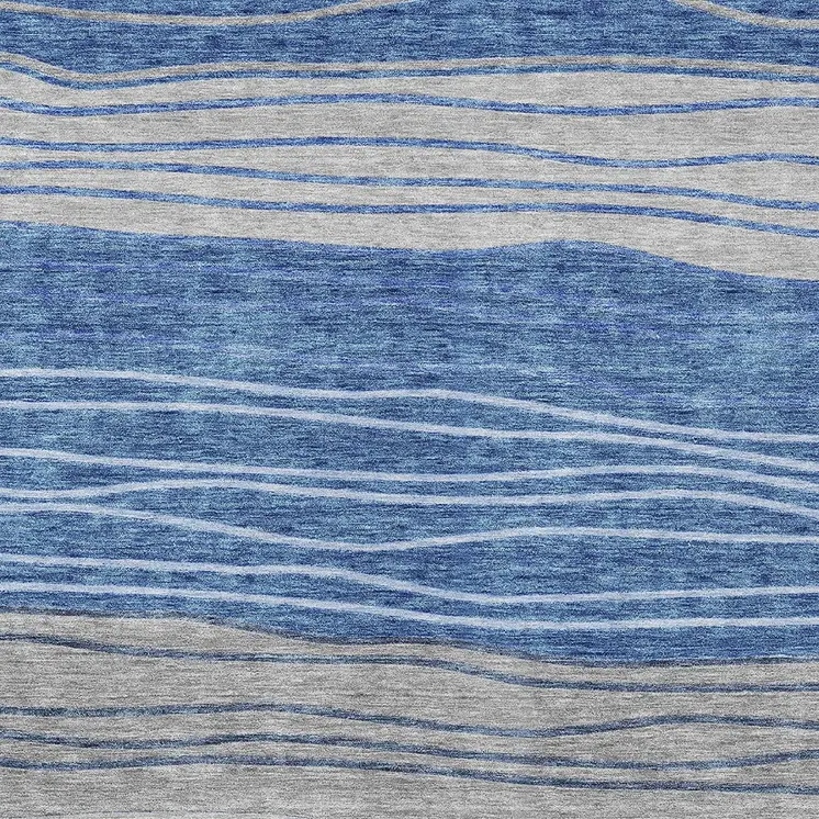 8' X 10' Navy Blue And Gray Striped Washable Indoor Outdoor Area Rug