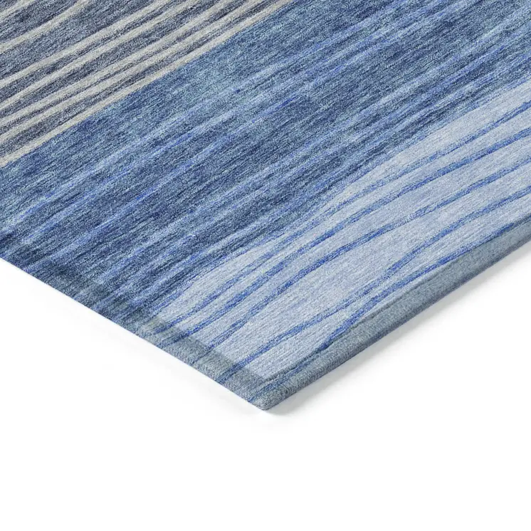 9' X 12' Navy Blue And Gray Striped Washable Indoor Outdoor Area Rug