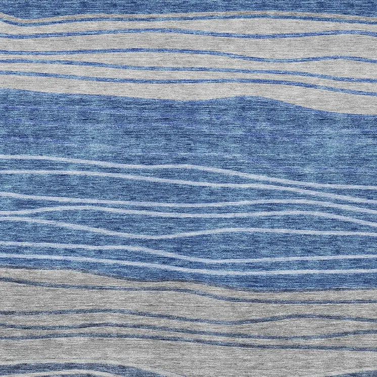 9' X 12' Navy Blue And Gray Striped Washable Indoor Outdoor Area Rug