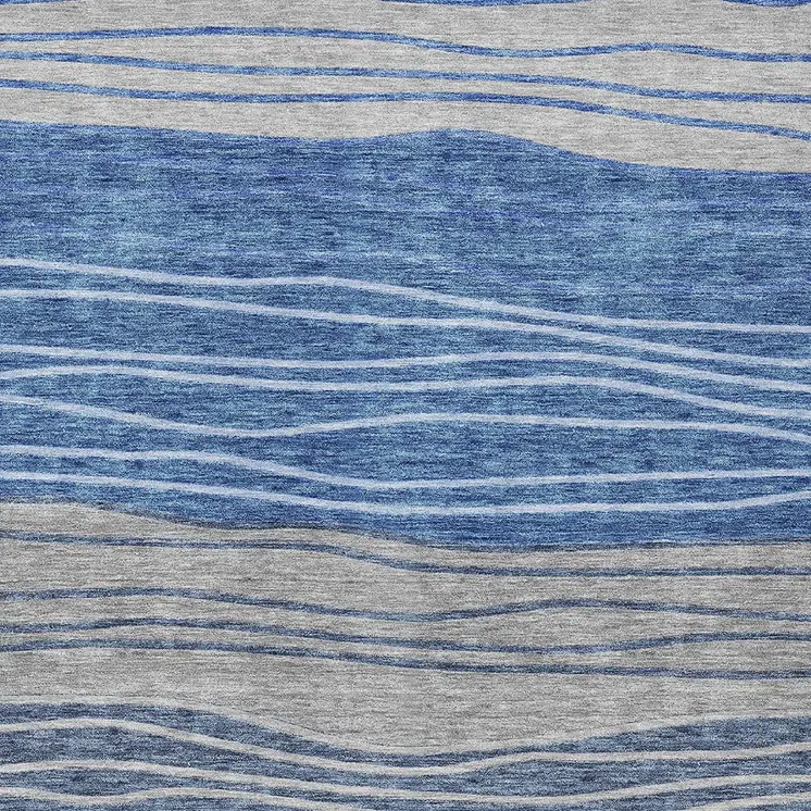 10' X 14' Navy Blue And Gray Striped Washable Indoor Outdoor Area Rug
