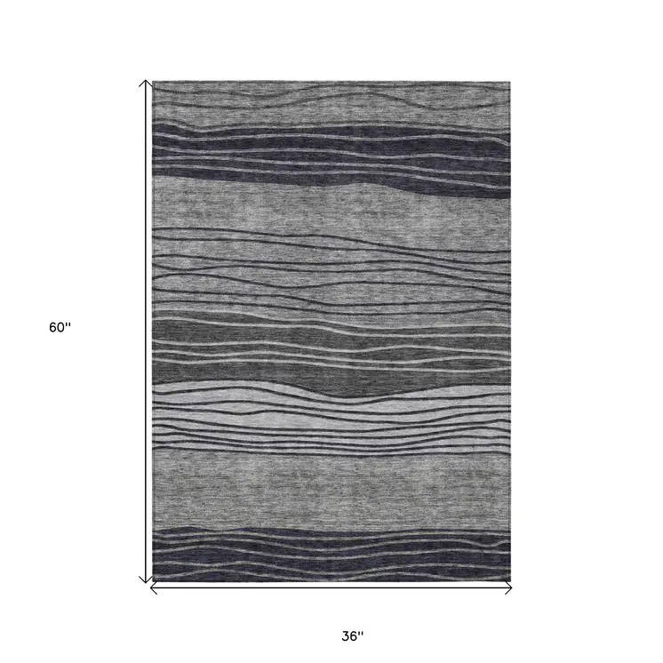 3' X 5' Gray Charcoal And Silver Striped Washable Indoor Outdoor Area Rug