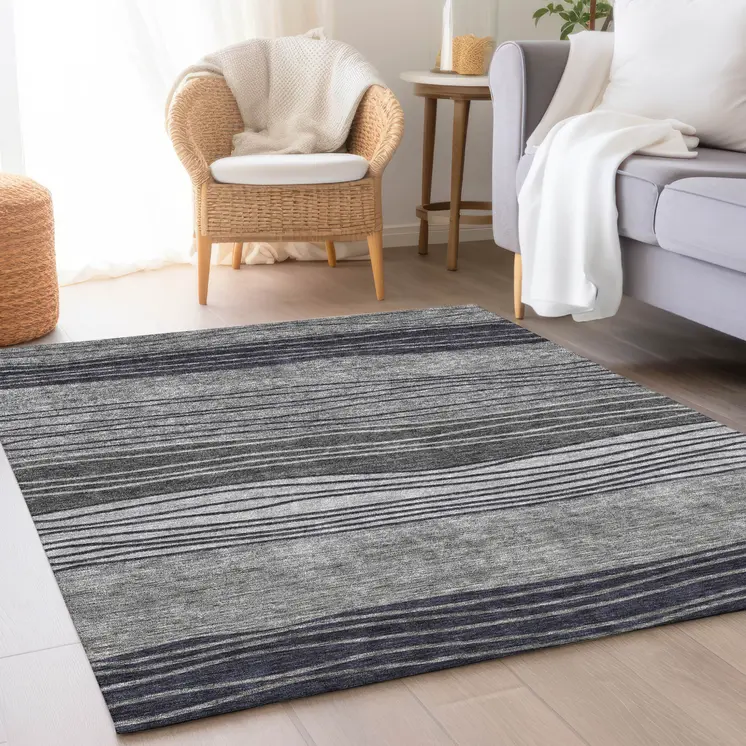 3' X 5' Gray Charcoal And Silver Striped Washable Indoor Outdoor Area Rug