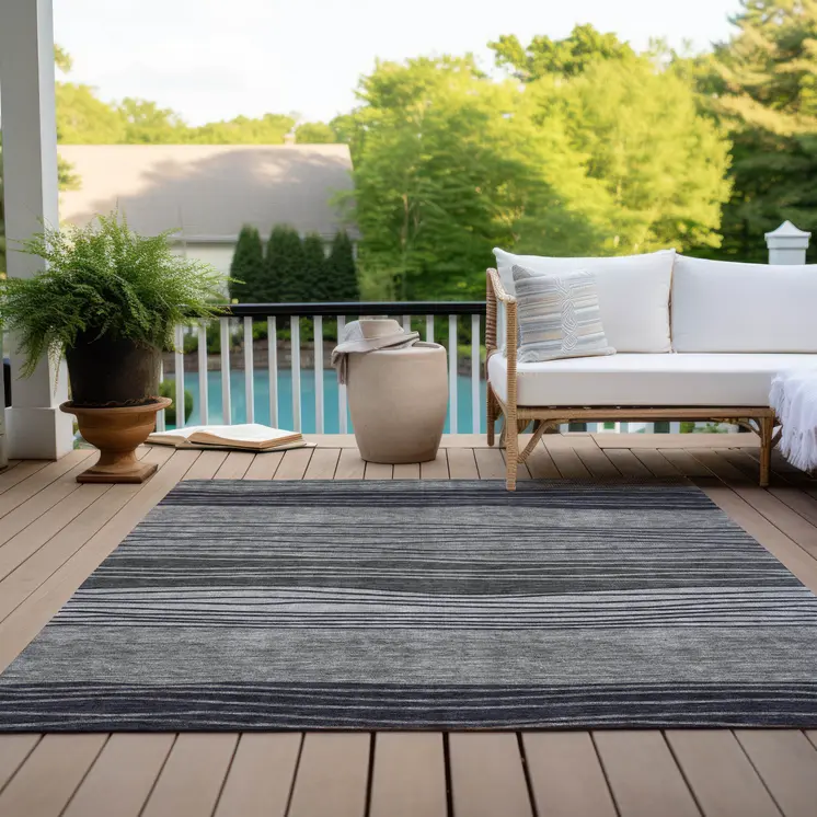 3' X 5' Gray Charcoal And Silver Striped Washable Indoor Outdoor Area Rug