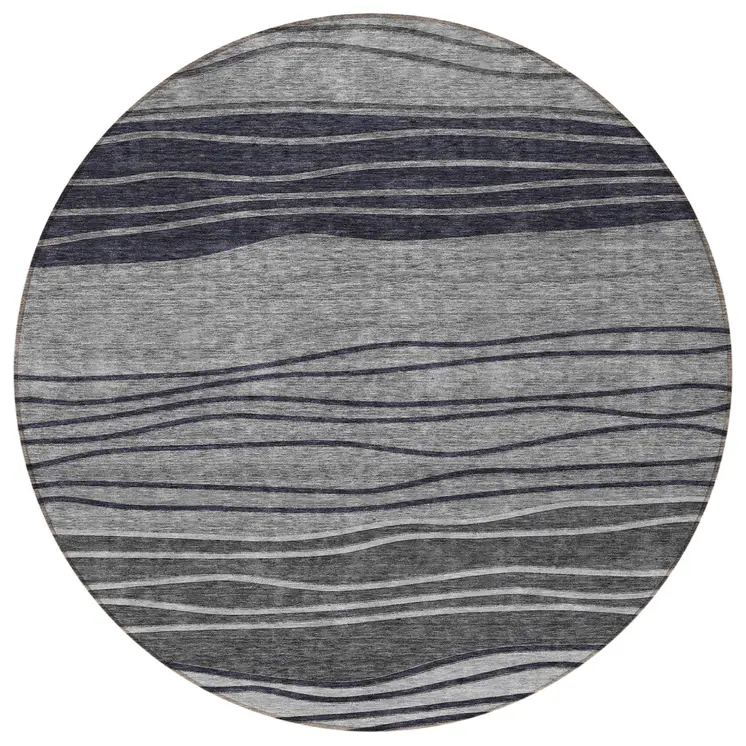 8' Gray Charcoal And Silver Round Striped Washable Indoor Outdoor Area Rug
