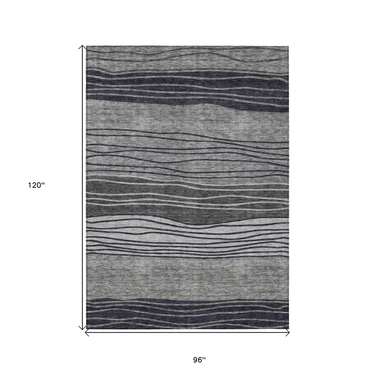 8' X 10' Gray Charcoal And Silver Striped Washable Indoor Outdoor Area Rug