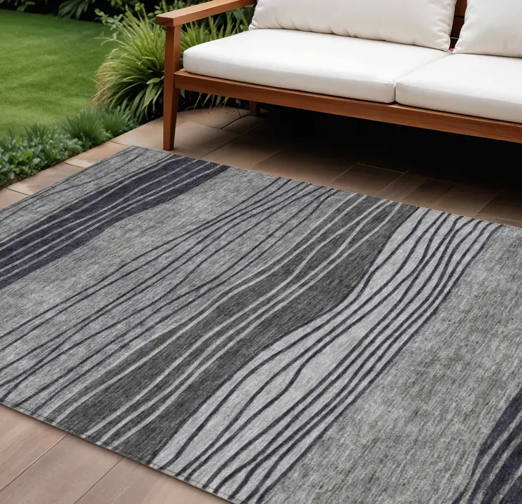 8' X 10' Gray Charcoal And Silver Striped Washable Indoor Outdoor Area Rug