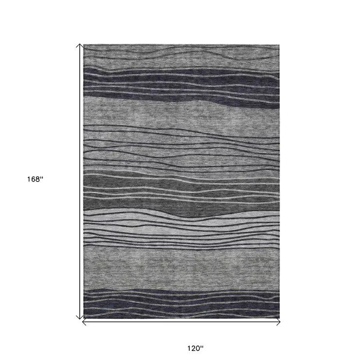 10' X 14' Gray Charcoal And Silver Striped Washable Indoor Outdoor Area Rug