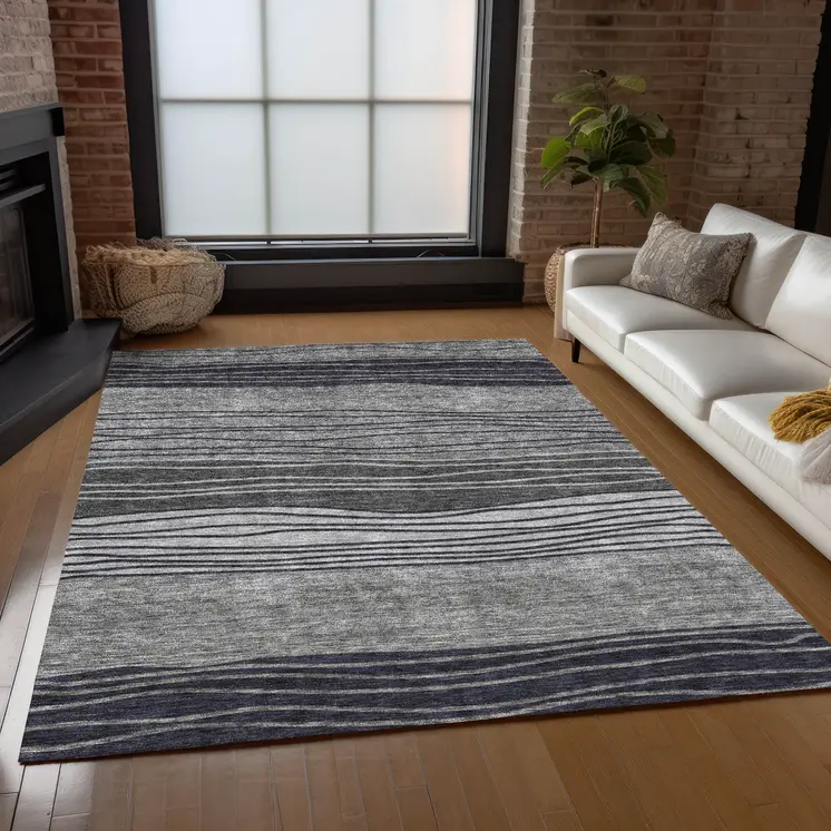 10' X 14' Gray Charcoal And Silver Striped Washable Indoor Outdoor Area Rug