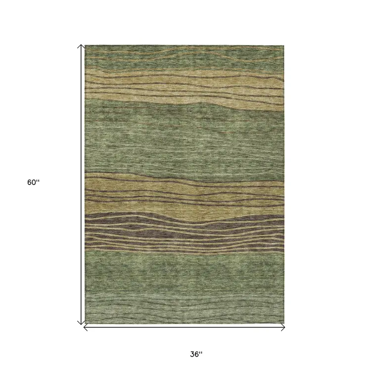 3' X 5' Olive Green And Chocolate Striped Washable Indoor Outdoor Area Rug