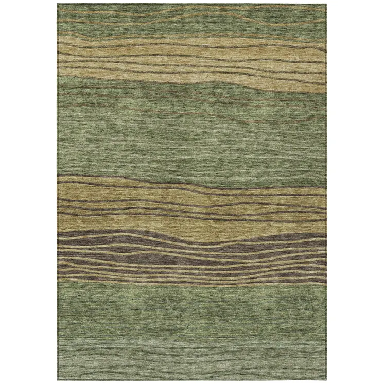 3' X 5' Olive Green And Chocolate Striped Washable Indoor Outdoor Area Rug