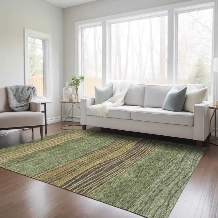 3' X 5' Olive Green And Chocolate Striped Washable Indoor Outdoor Area Rug