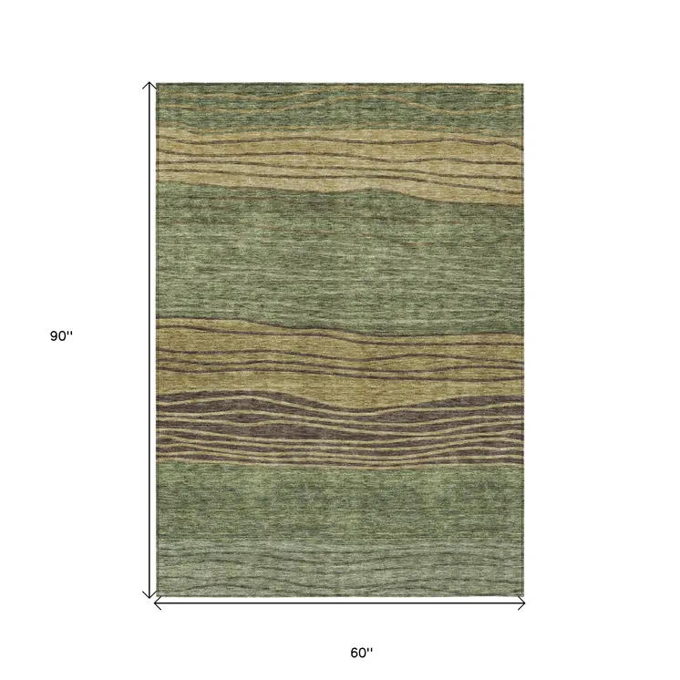 5' X 8' Olive Green And Chocolate Striped Washable Indoor Outdoor Area Rug