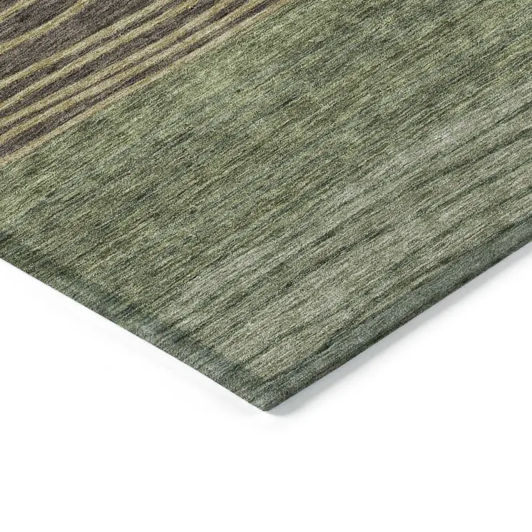 5' X 8' Olive Green And Chocolate Striped Washable Indoor Outdoor Area Rug