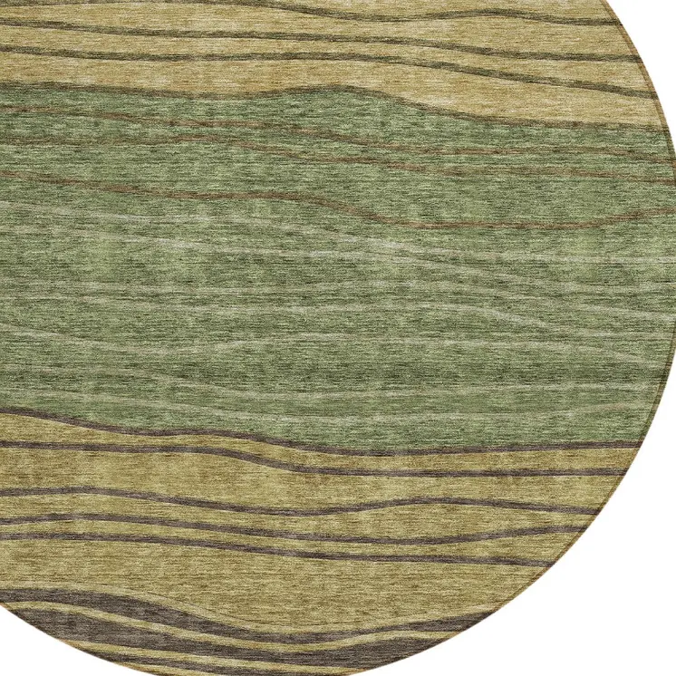 8' Olive Green And Chocolate Round Striped Washable Indoor Outdoor Area Rug