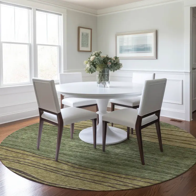 8' Olive Green And Chocolate Round Striped Washable Indoor Outdoor Area Rug
