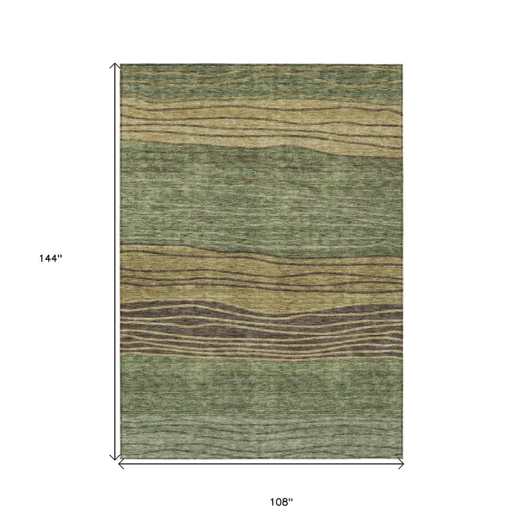 9' X 12' Olive Green And Chocolate Striped Washable Indoor Outdoor Area Rug
