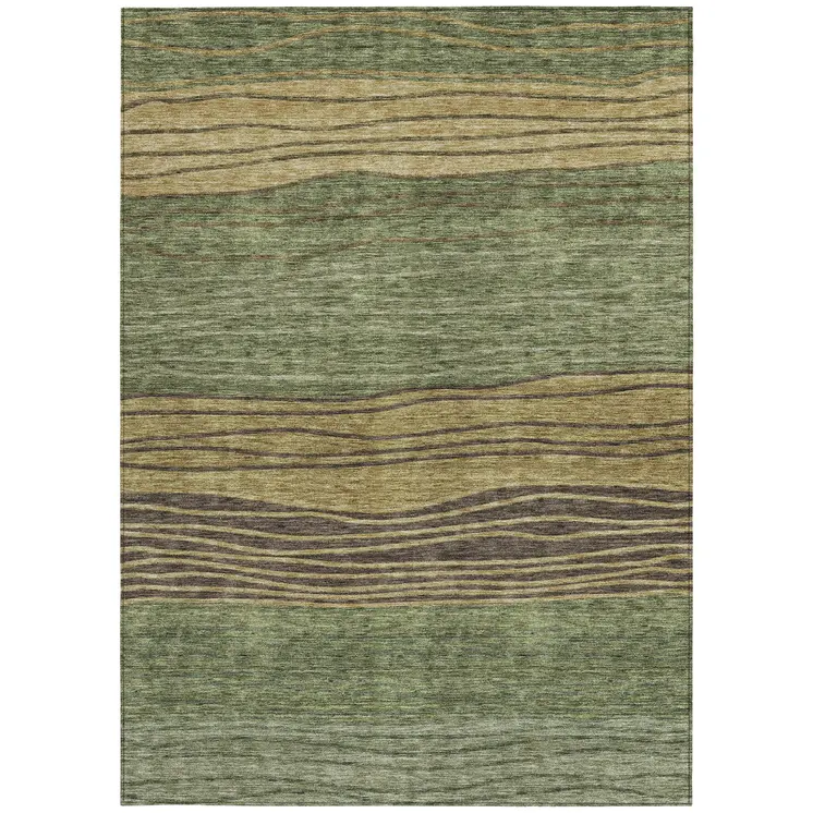 9' X 12' Olive Green And Chocolate Striped Washable Indoor Outdoor Area Rug