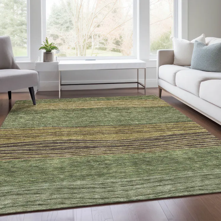 9' X 12' Olive Green And Chocolate Striped Washable Indoor Outdoor Area Rug