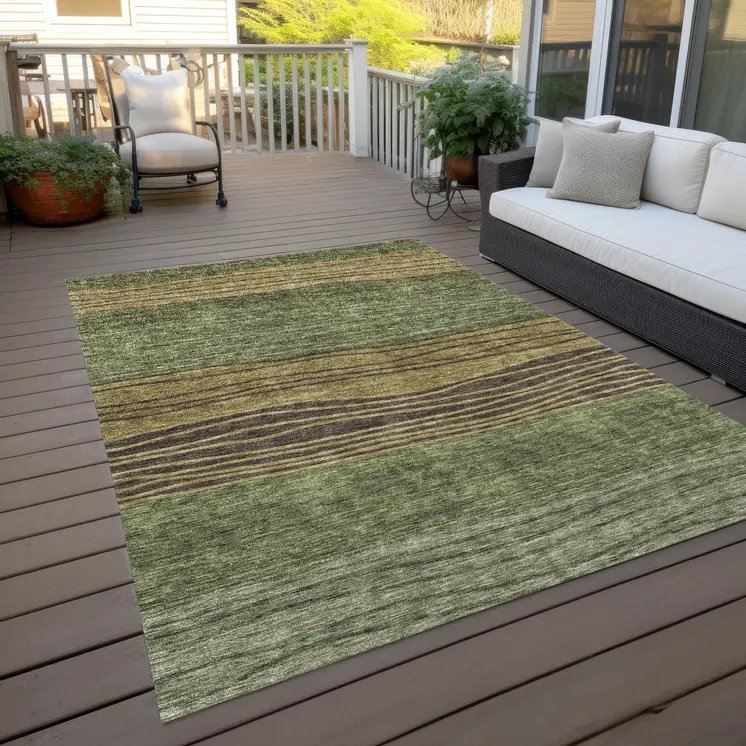 9' X 12' Olive Green And Chocolate Striped Washable Indoor Outdoor Area Rug