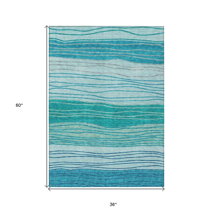 3' X 5' Sky Blue Teal Blue And Aqua Striped Washable Indoor Outdoor Area Rug