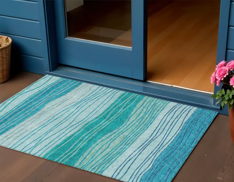 3' X 5' Sky Blue Teal Blue And Aqua Striped Washable Indoor Outdoor Area Rug