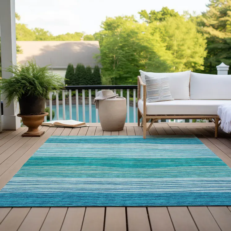 3' X 5' Sky Blue Teal Blue And Aqua Striped Washable Indoor Outdoor Area Rug