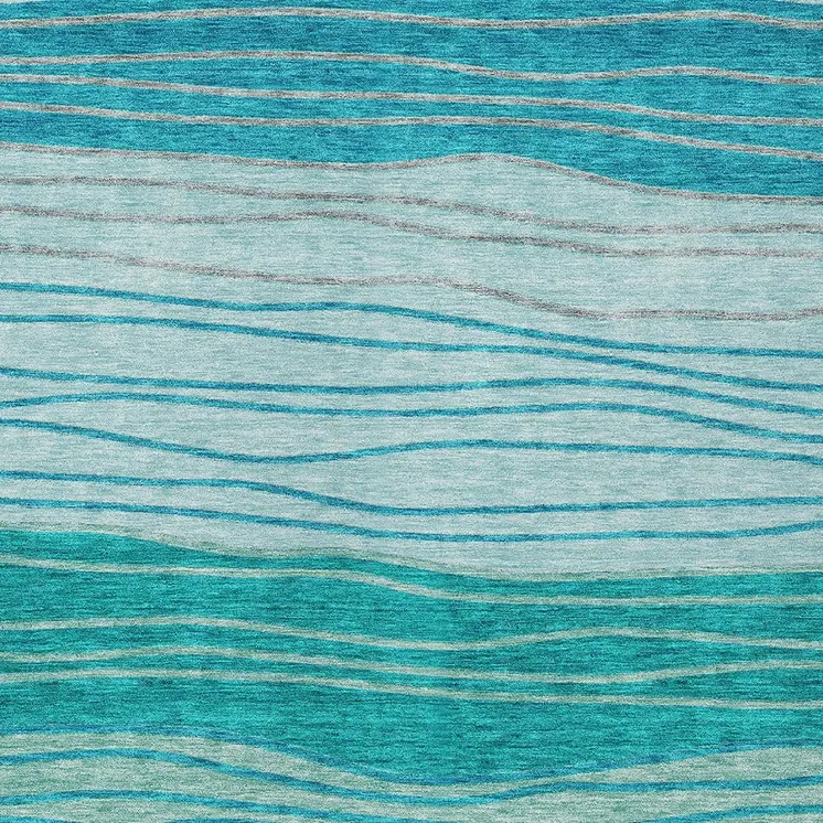 5' X 8' Sky Blue Teal Blue And Aqua Striped Washable Indoor Outdoor Area Rug