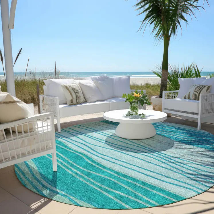 8' Sky Blue Teal Blue And Aqua Round Striped Washable Indoor Outdoor Area Rug