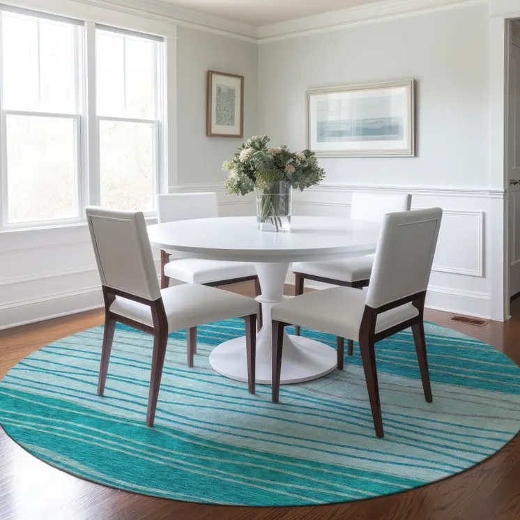8' Sky Blue Teal Blue And Aqua Round Striped Washable Indoor Outdoor Area Rug