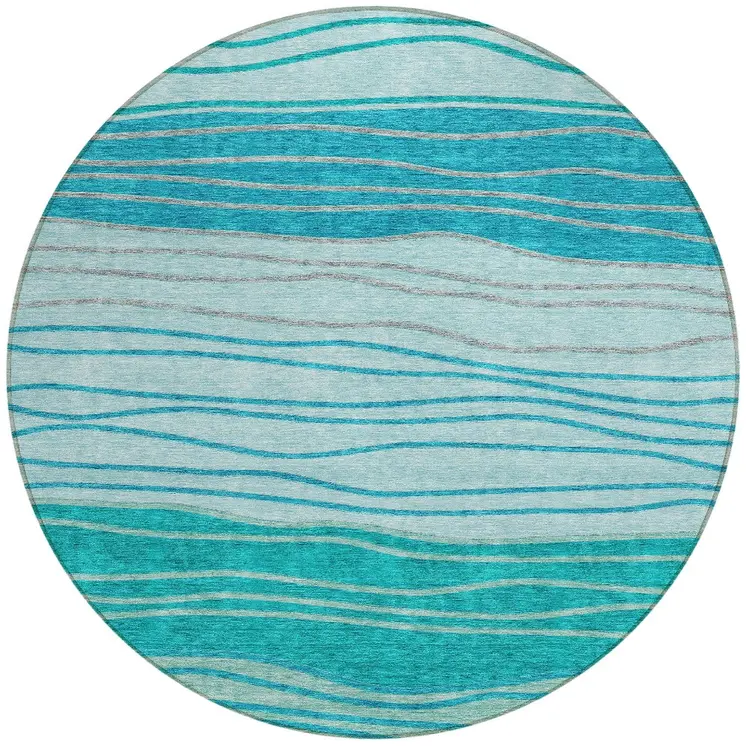 8' Sky Blue Teal Blue And Aqua Round Striped Washable Indoor Outdoor Area Rug