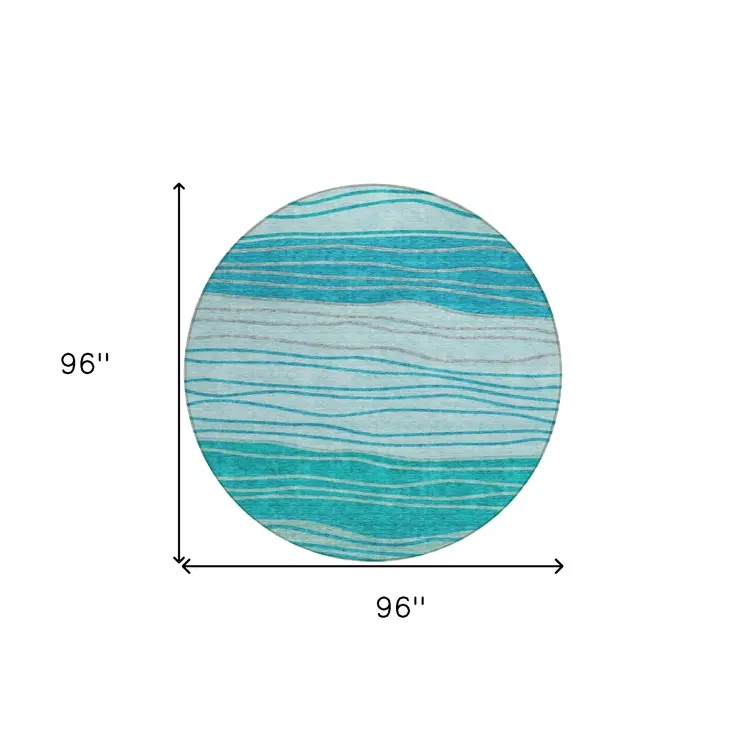 8' Sky Blue Teal Blue And Aqua Round Striped Washable Indoor Outdoor Area Rug