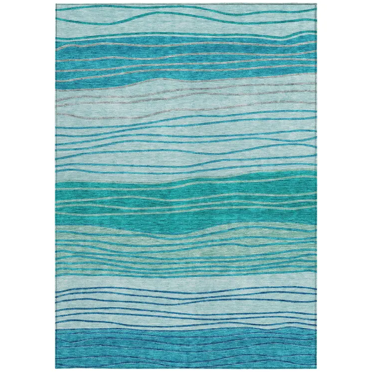 8' X 10' Sky Blue Teal Blue And Aqua Striped Washable Indoor Outdoor Area Rug