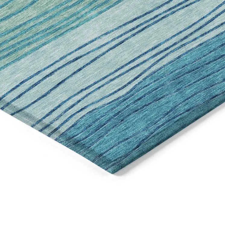 8' X 10' Sky Blue Teal Blue And Aqua Striped Washable Indoor Outdoor Area Rug