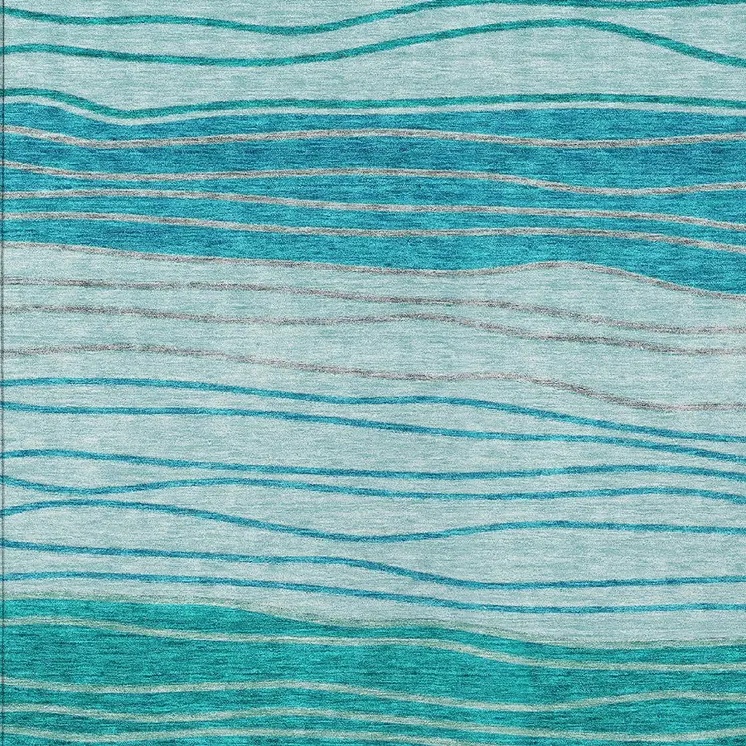 8' X 10' Sky Blue Teal Blue And Aqua Striped Washable Indoor Outdoor Area Rug