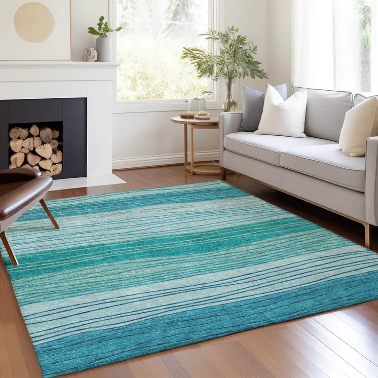 8' X 10' Sky Blue Teal Blue And Aqua Striped Washable Indoor Outdoor Area Rug