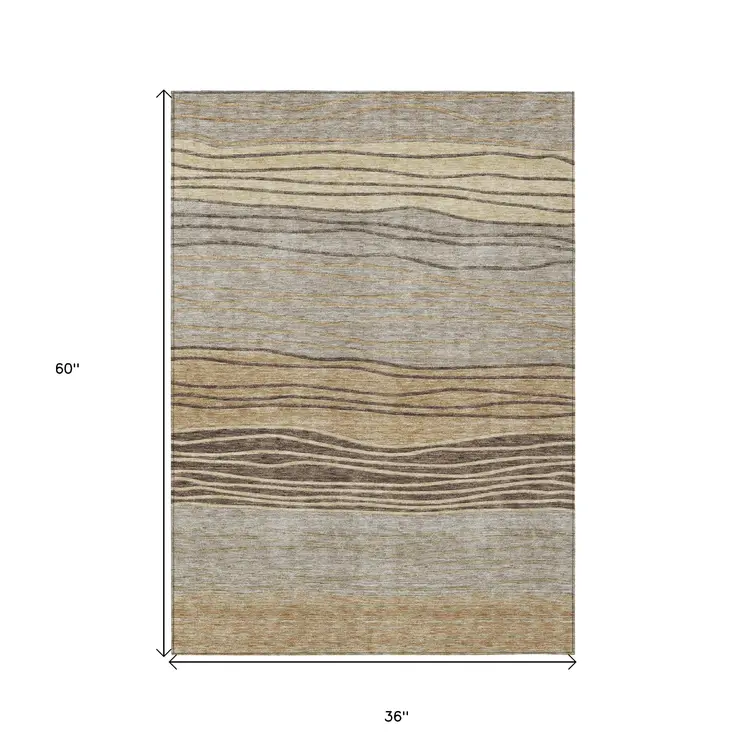3' X 5' Taupe Brown And Beige Striped Washable Indoor Outdoor Area Rug
