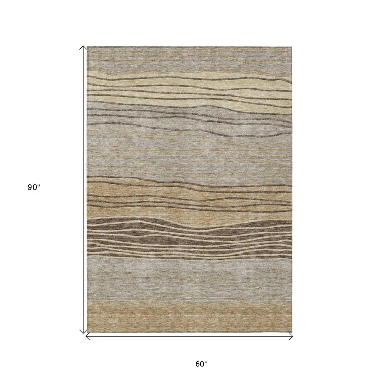 5' X 8' Taupe Brown And Beige Striped Washable Indoor Outdoor Area Rug