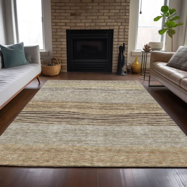 5' X 8' Taupe Brown And Beige Striped Washable Indoor Outdoor Area Rug