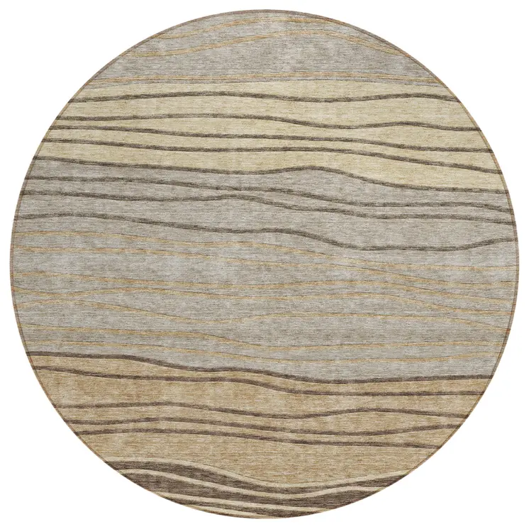 8' Taupe Brown And Beige Round Striped Washable Indoor Outdoor Area Rug